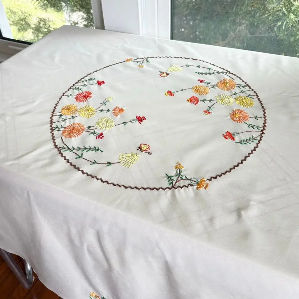 Vintage Embroidered Round Tablecloth, Beige Floral Cotton Blend 58”